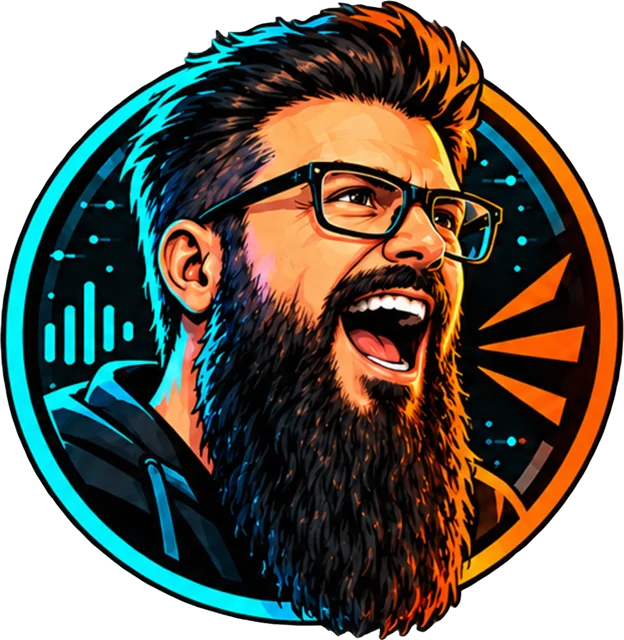 Illustrated portrait of Nick, the bearded host of LoudVox Labs, mid-shout